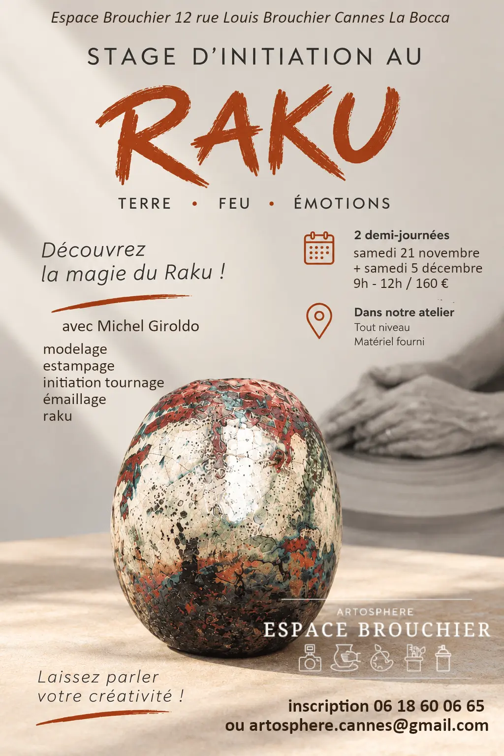 Affiche du stage d'initiation au Raku avec Michel Giroldo
